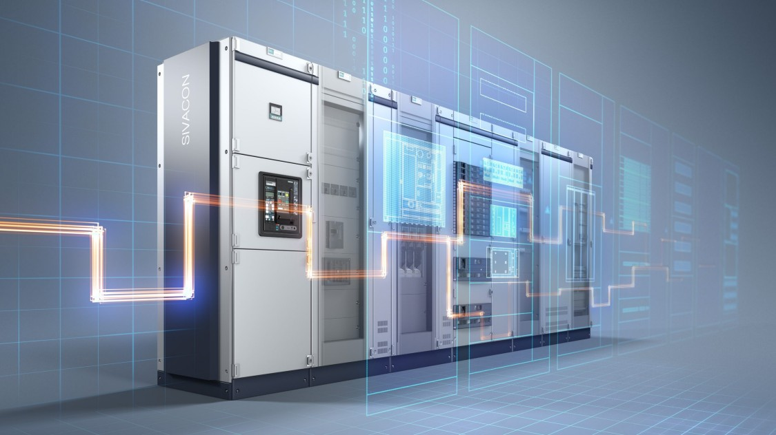 Open low voltage distribution cabinet with rows of labeled circuit breakers